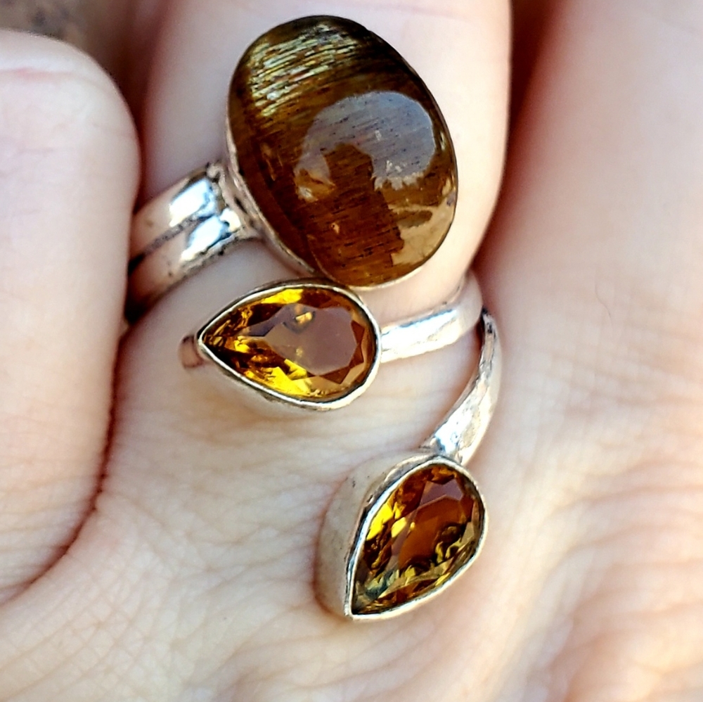 New Silver Sheen Obsidian & Citrine Open Cuff 925 Silver Ring. - Picture 8 of 16